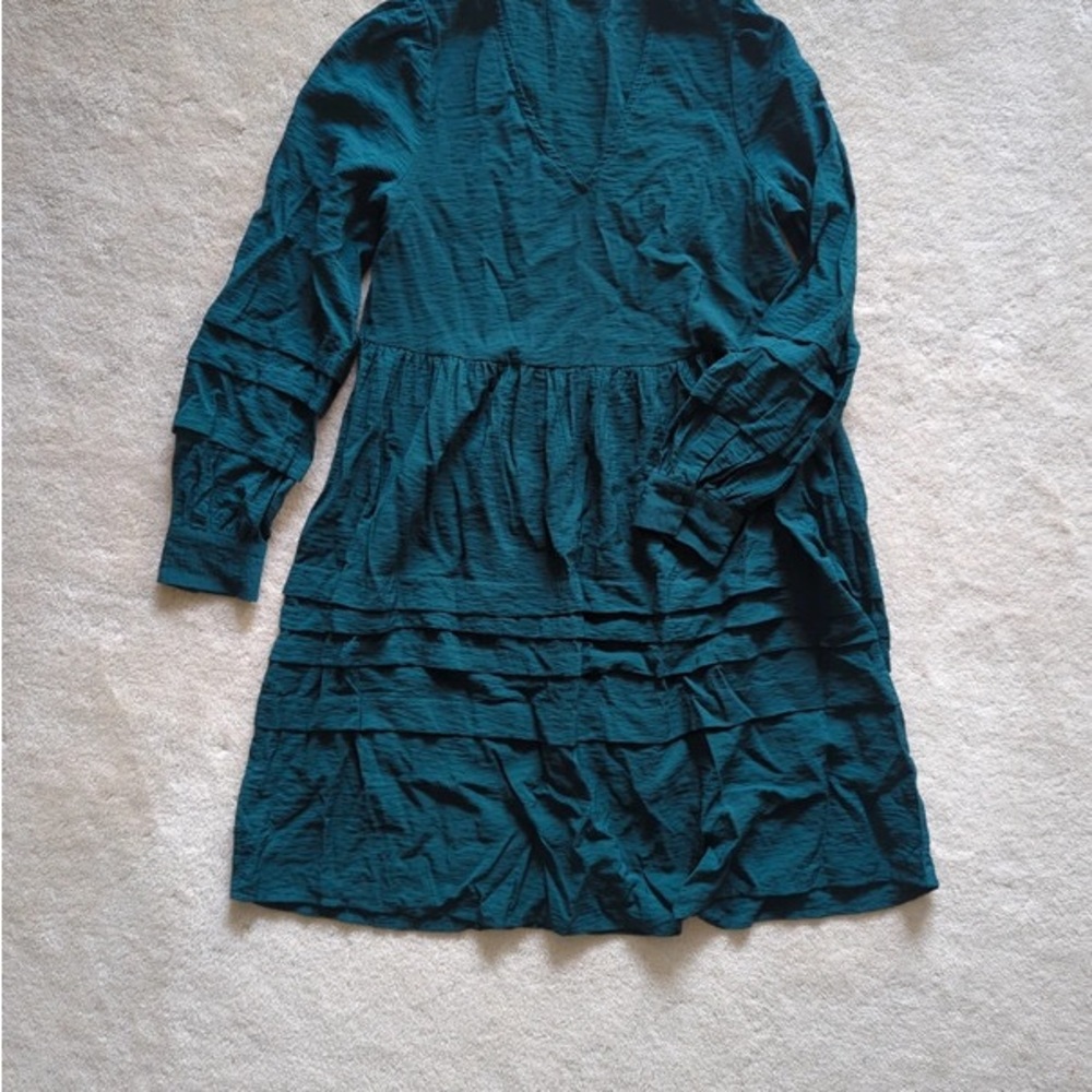 Green and Blue Ruffled Tiered Sundress with Bishop Sleeves